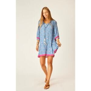 New Natalie Martin Stevie Dress Short Mini Boho Pinwheel Denim Blue Flowers XS